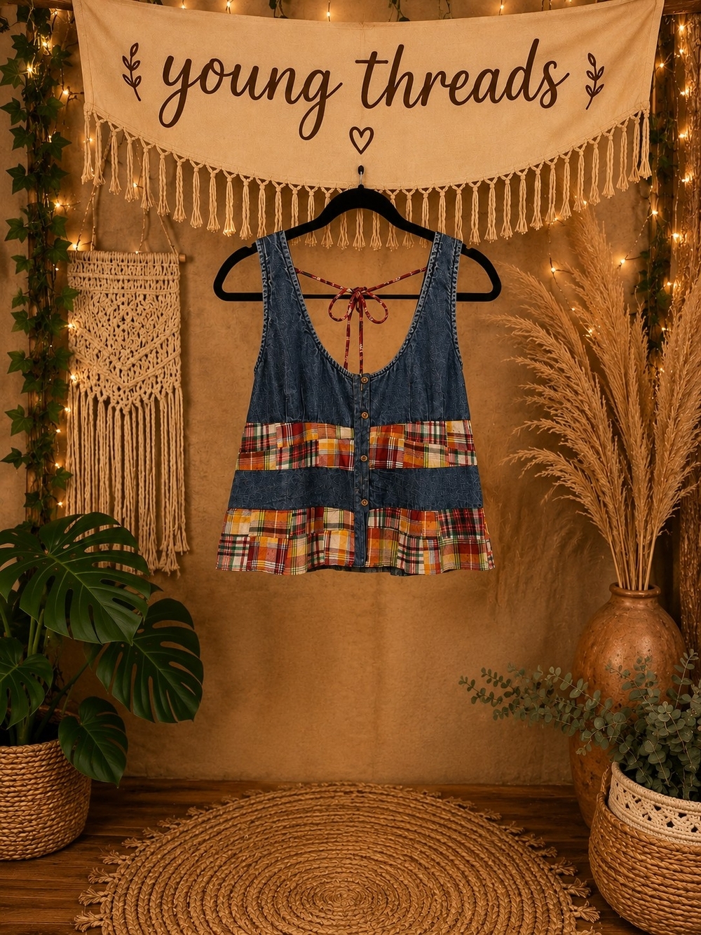 Plaid-Trim Denim Button-Front Women’s Tank Top - Blue/Multicolor